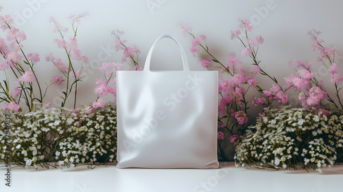 Blank white plastic bag mockup with flowers on background