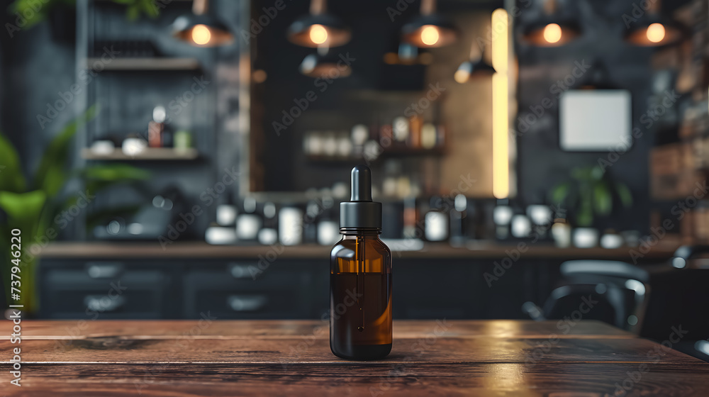 Blank bottle of a beard oil mockup with blurred barbershop background
