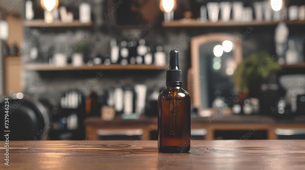 Blank bottle of a beard oil mockup with blurred barbershop background