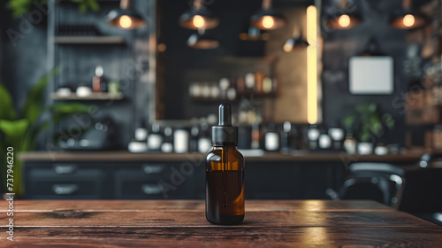 Blank bottle of a beard oil mockup with blurred barbershop background © DimaSabaka
