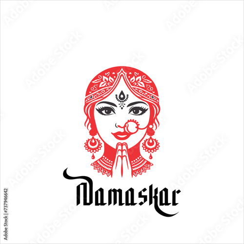Indian women in traditional clothing with namaste hand, Welcoming logo design