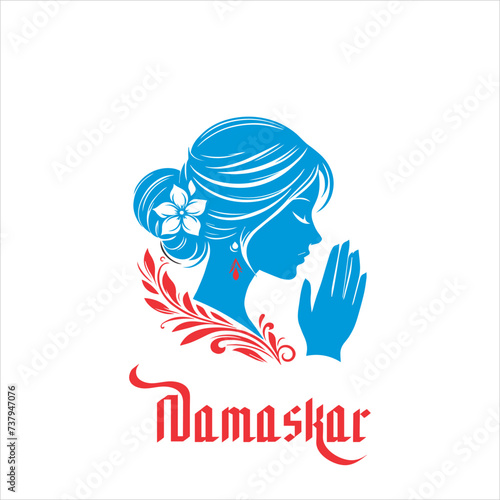 Indian women in traditional clothing with namaste hand, Welcoming logo design