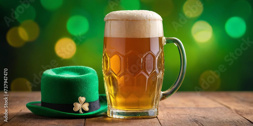 St. Patrick's Day background. A mug of beer with a green hat on a wooden table, against a bokeh background. ai generation