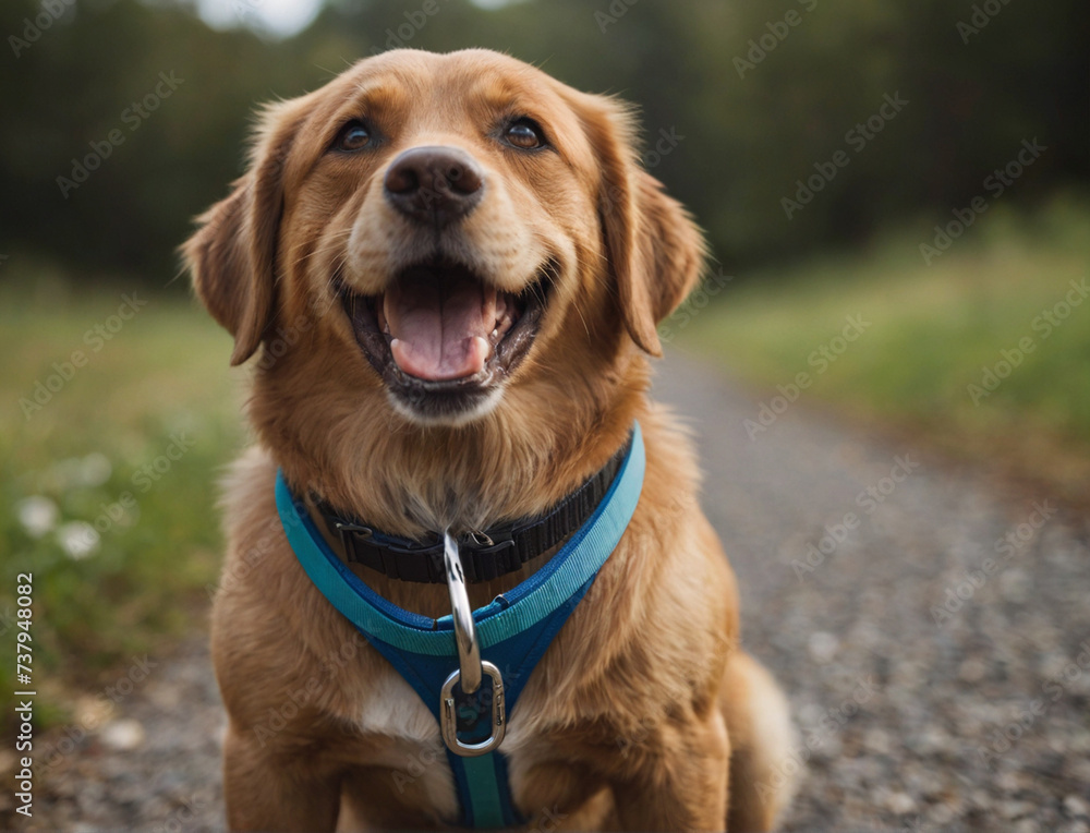 Dog sitting concept with happy active dog holding pet leash in mouth ready to go for walk Dog sitting concept with happy active dog holding pet leash in mouth ready to go for walk