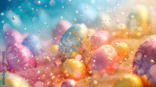 Colorful abstract pearl easter eggs on blue background with bokeh effect