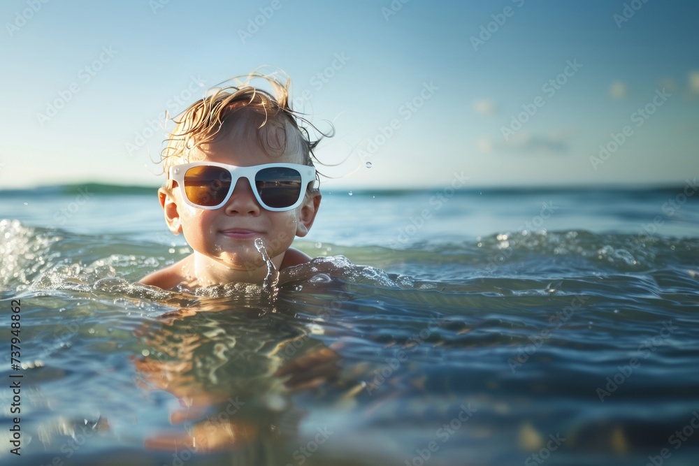 Naklejka premium Little boy in sunglasses swimming in the water on the beach