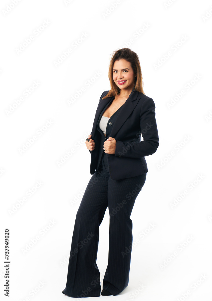 Business woman standing full body with confident empowered pose isolated on white background Business woman standing full body with confident empowered pose isolated on white background