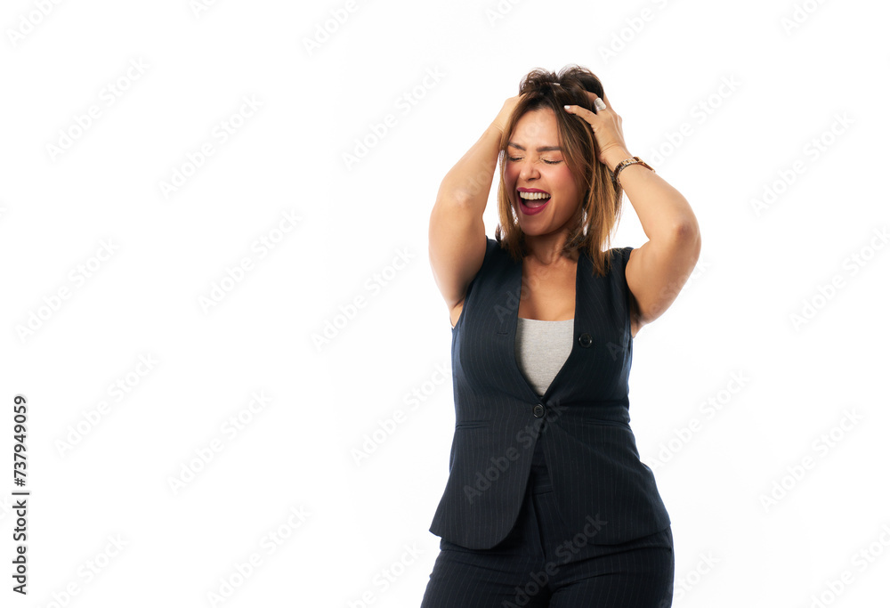 Business woman screaming and with hands on head isolated on white background Business woman screaming and with hands on head isolated on white background
