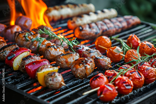 Grilled meat with vegetables tomatoes over coals on barbecue. Bbq concept