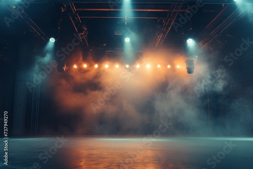 Empty concert stage with illuminated spotlights and smoke. Stage background with copy space