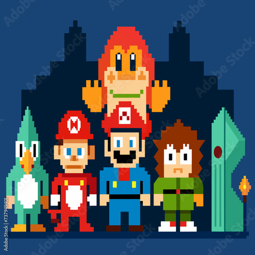 Pixel art rendition of classic video game characters vektor illustation