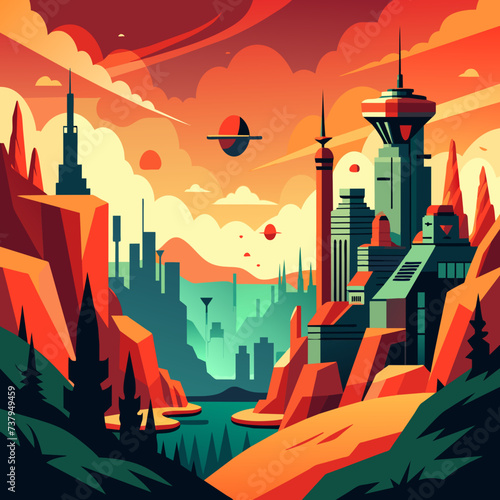 Dystopian landscape dominated by towering megacorporations vektor illustation