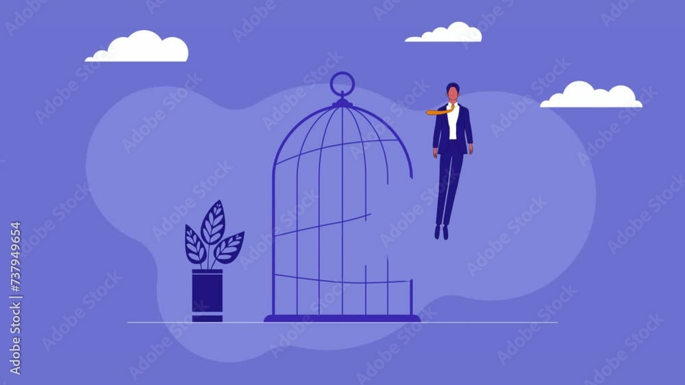 Man freed from cage to escape from limiting ideas and thoughts Man freed from cage to escape from limiting ideas and thoughts