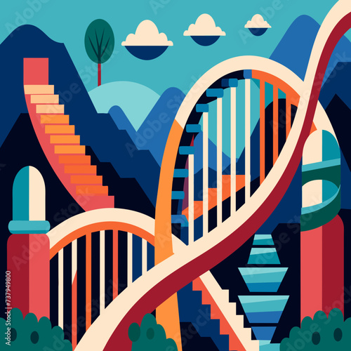 DNA strands entwined with ancient ruins vektor illustation