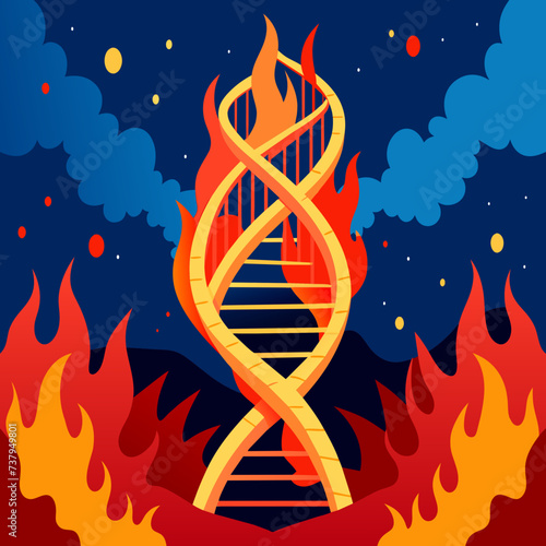 DNA helix intertwined with a raging wildfire vektor illustation