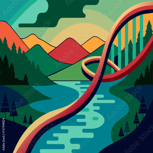 DNA helix merging with a flowing river vektor illustation
