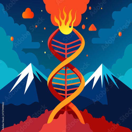 DNA helix intertwined with an erupting volcano vektor illustation