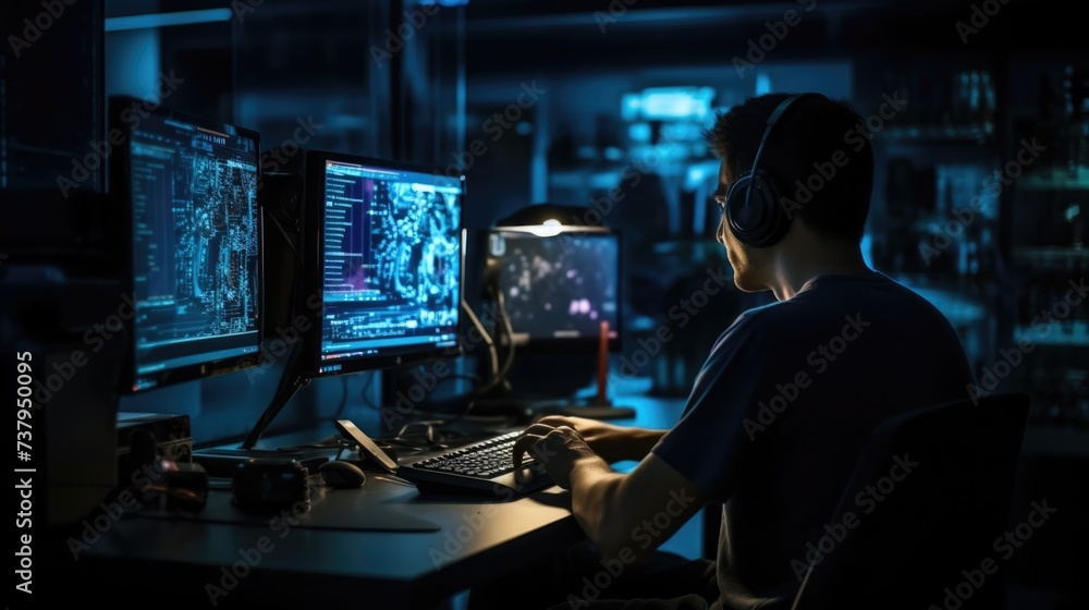 Programmer working late on software development with code on screens. Programmer working late on software development with code on screens.