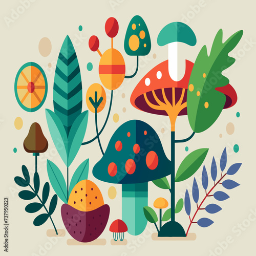 Abstract representations of the symbiotic relationship between plants and fungi vektor illustation