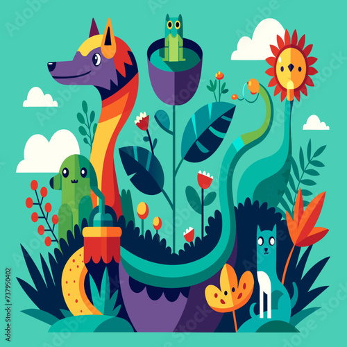 Surreal depictions of plants and animals interacting in unexpected ways vektor illustation