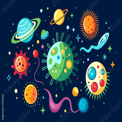 Microscopic organisms depicted as elements of a cosmic symphony vektor illustation
