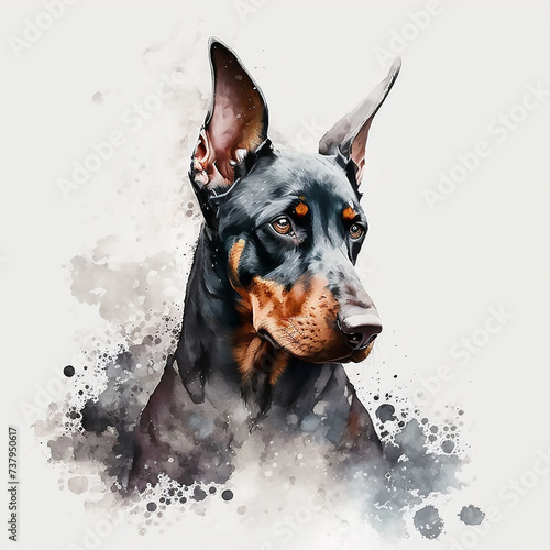 Doberman dog watercolour illustration with abstract splashes around isolated on white background.
