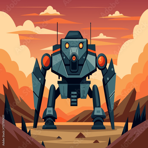 A futuristic mech unit deployed in combat vektor illustation