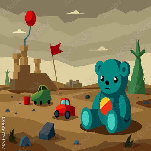 A child's toy abandoned in a war zone vektor illustation