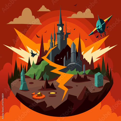 A war-torn world ravaged by magical conflict vektor illustation