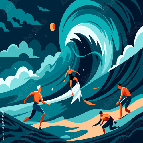 Surfers braving a stormy sea vektor illustation