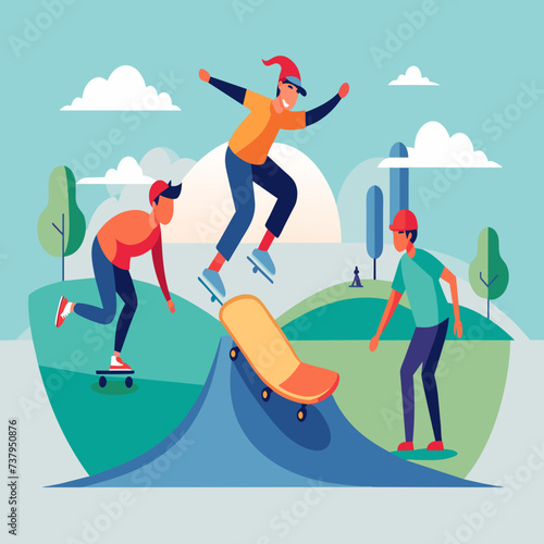 Skateboarders executing impressive tricks in a skatepark vektor illustation