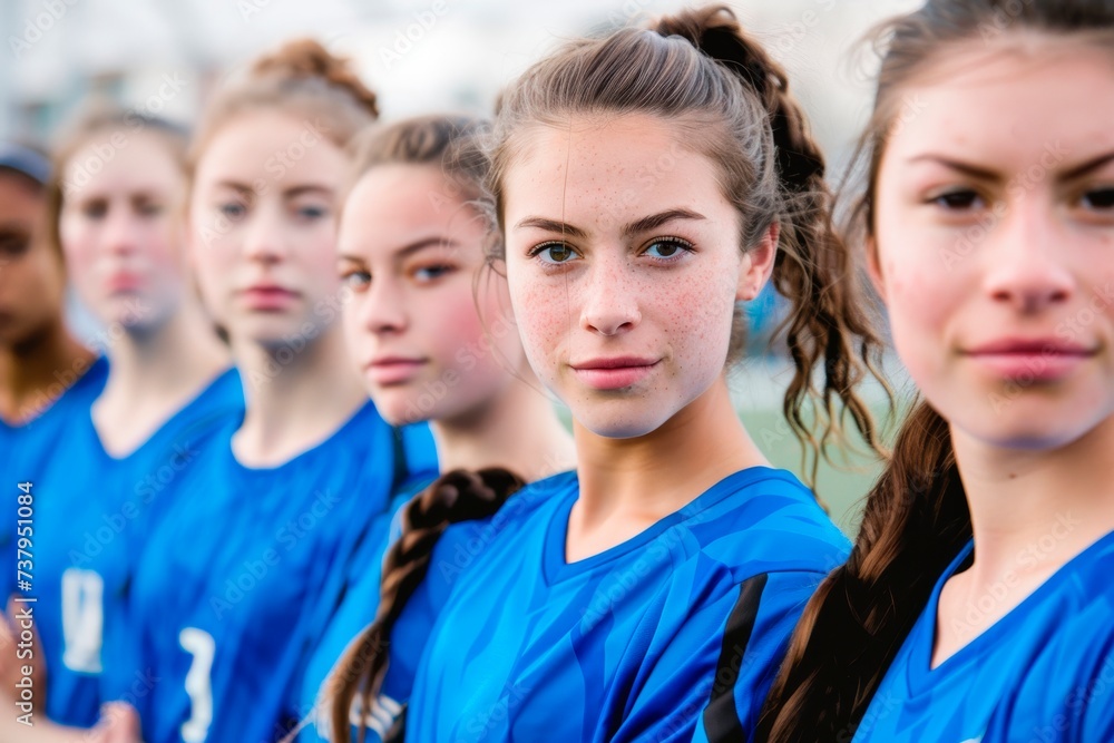Fototapeta premium Confident Young Female Footballer with Teammates on Soccer Field Team Spirit and Friendship, soccer, football sport concept, horizontal background 