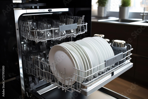 Clean and Modern: Dishwasher Cleaning Dirty Plates in a White Kitchen