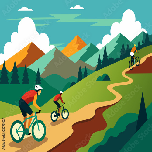 Mountain bikers tackling rugged trails with determination vektor illustation