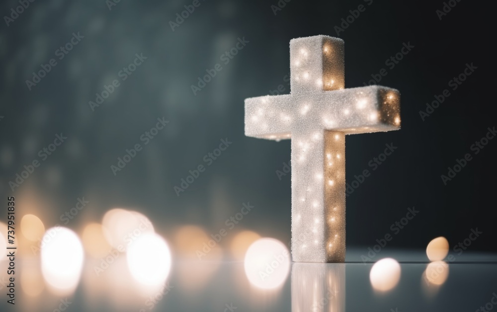 Christian cross on a light background, in rays of light and bokeh, space for text, minimalism Christian cross on a light background, in rays of light and bokeh, space for text, minimalism