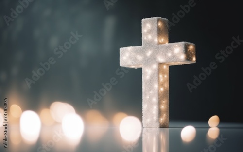 Christian cross on a light background, in rays of light and bokeh, space for text, minimalism 