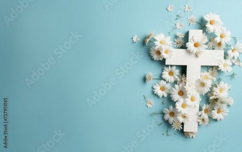 Christian cross on a light blue background, flowers and butterflies around it, space for text, minimalism
