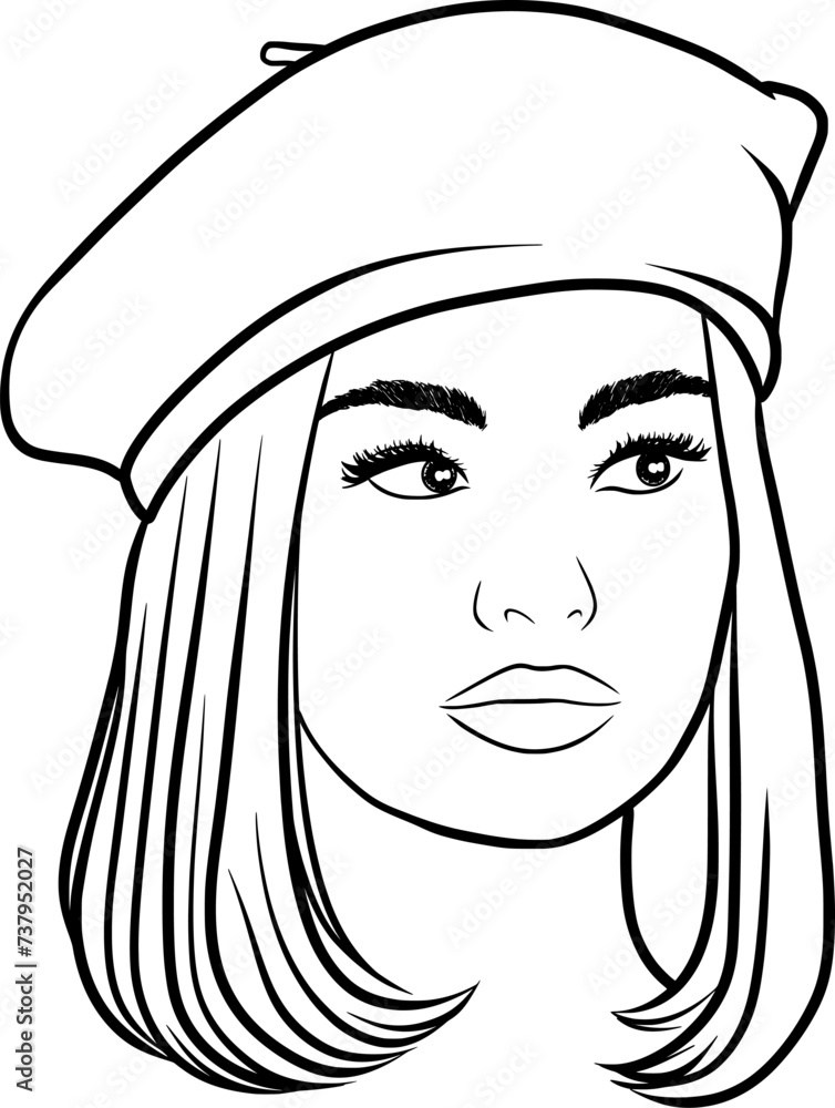 Portrait of girl with bob haircut and beret outline illustration isolated on transparent background
Portrait of girl with bob haircut and beret outline illustration isolated on transparent background