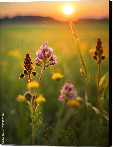 Beautiful wildflowers on a green meadow. Warm summer evening with a bright meadow during sunset. Grass silhouette in the light of the golden setting sun. Generative AI