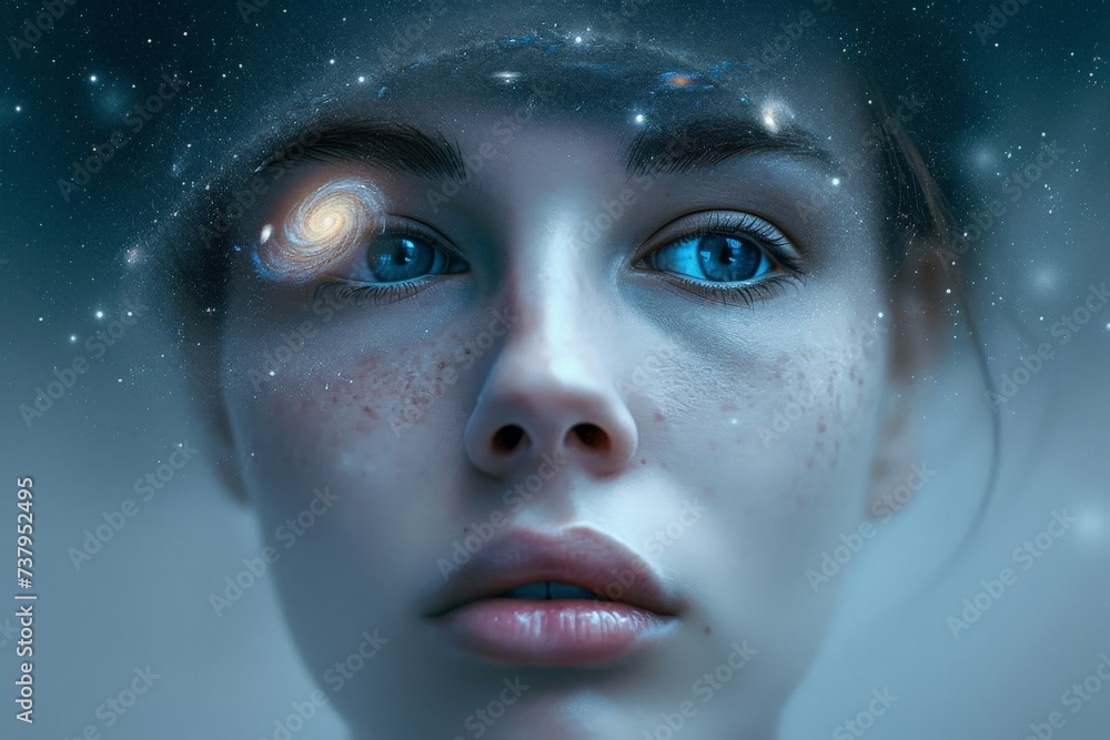 Woman gazing up at the twinkling stars in the night sky with her head tilted to the side and blue eyes wide open Woman gazing up at the twinkling stars in the night sky with her head tilted to the side and blue eyes wide open