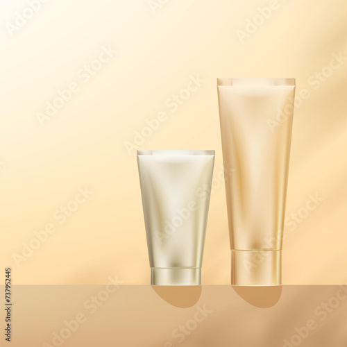 Studio background with natural cosmetic skincare tube on podium display stand with light,Leaves shadow on beige wall,Vector 3d Blank Gold plastic packaging mockup for Beauty Product Presentation