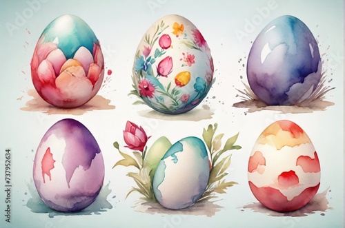 Easter Eggs. Set of colorful egg hand drawing illustrations in watercolor style. Decorative elements. AI generated