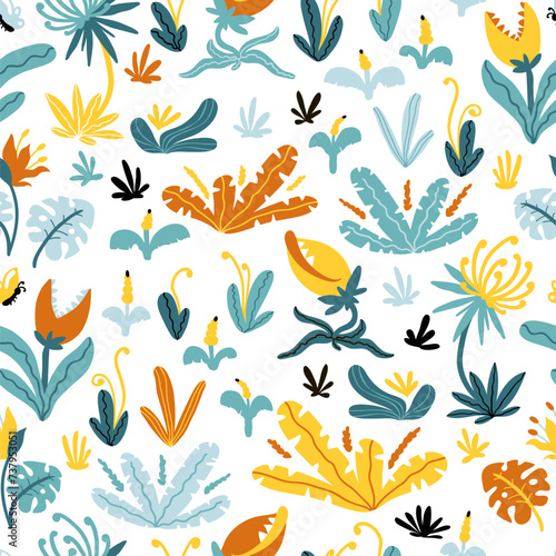 Tropical seamless pattern. Vector illustration fantastic plants and flowers with teeth in cartoon Scandinavian style. Childish design for baby clothes, wallpaper, bedding, textiles, nursery wall art