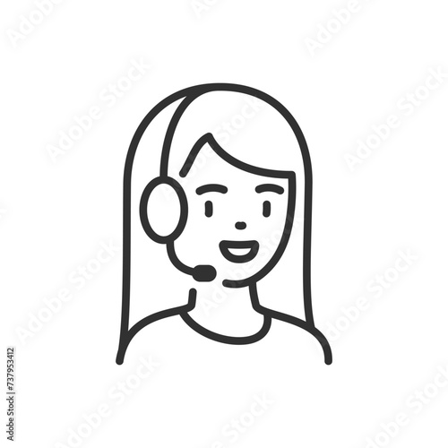 Technical support operator agent, linear icon. A woman with an earpiece with a microphone smiles. Technical support by phone. Line with editable stroke