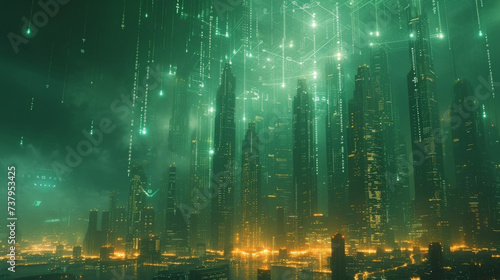 A holographic chart displays a futuristic cityscape with towering skyscrapers representing profits and sinking buildings representing losses. A grid of glowing numbers floats