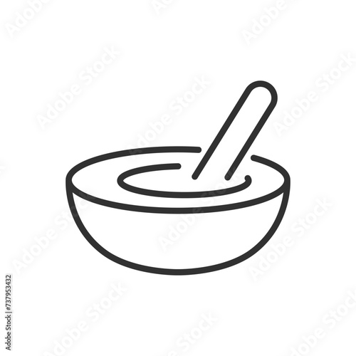 Preparing, mixing ingredients in a bowl, linear icon. Line with editable stroke
