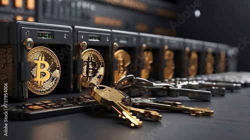 Crypto and bitcoin self-custody cold storage or hardware wallet for digital assets personal keys and Spot ETF funds digital finance concept as wide banner, code and keys created with generative ai	
 photo