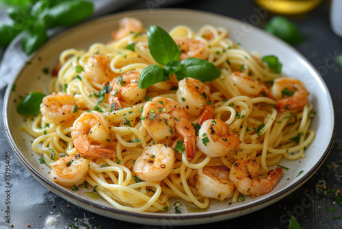 Spaghetti with shrimps and chopped parsley in big plate