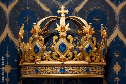 a gold crown with blue gems
