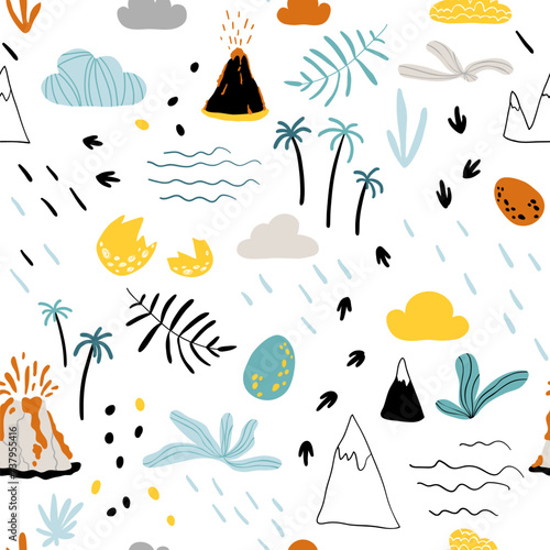 Tropical Jurassic landscape seamless pattern with mountains, volcanoes, palm, clouds, dino eggs and footprints. Cute Baby Vector Illustration in Scandinavian style. Childish background for fabric